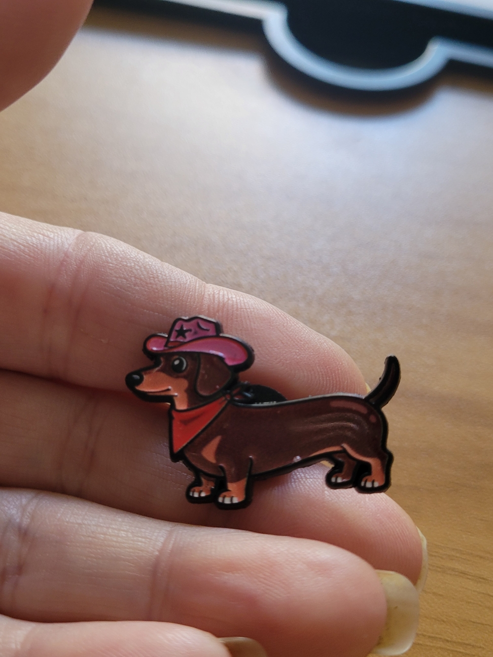 🍁NEW🍁 Cute Brown Dachshund Enamel Pin with Pink Hat and Red Bandana